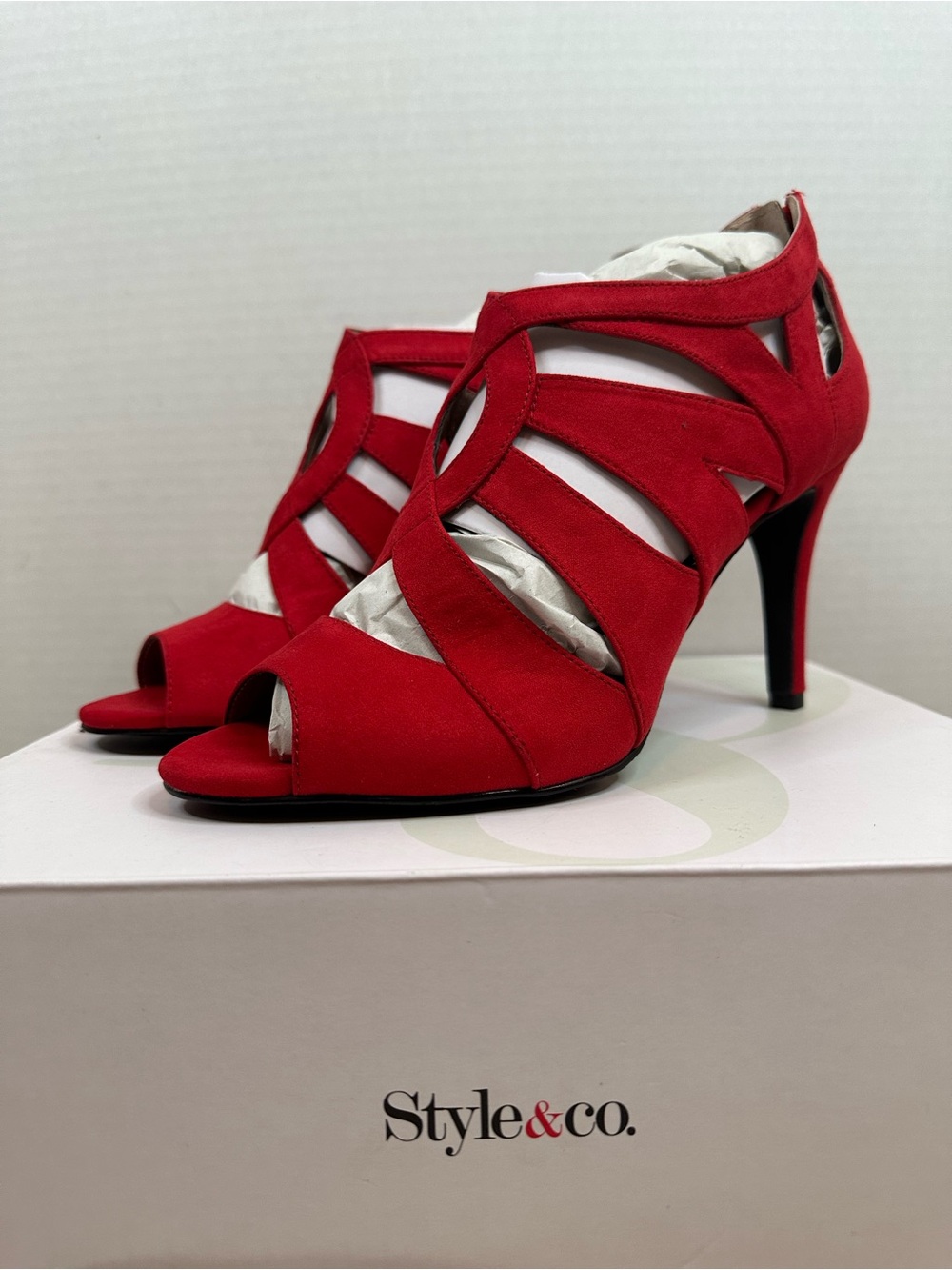 Style & Co. Red Suede Strappy Cutout Peep-Toe Heels, size 8, New in box